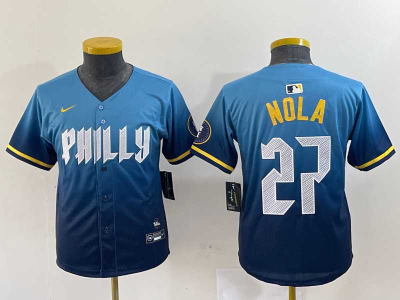 Women's Philadelphia Phillies #27 Aaron Nola Blue 2024 City Connect Limited Stitched Jersey,We sell and wholesale Women's Philadelphia Phillies #27 Aaron Nola Blue 2024 City Connect Limited Stitched Jersey on line form chian!